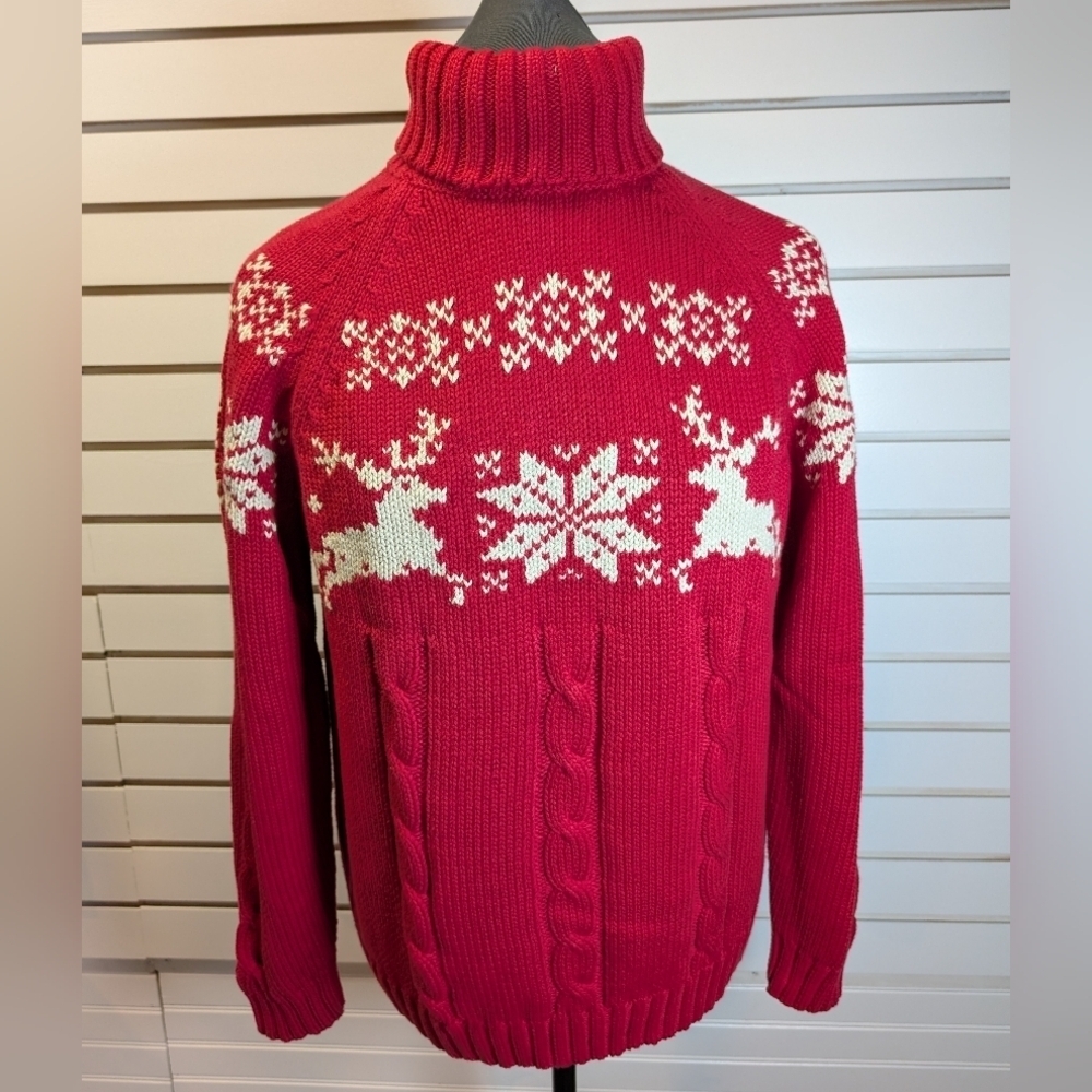 Lands End Sweater Women's Red Cable Knit Reindeer Snowflake Christmas Size M NWT